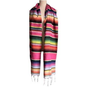 Vintage Burlap Rainbow Scarf Colorful Striped Fringe Bohemian Mexico Beach Scarf